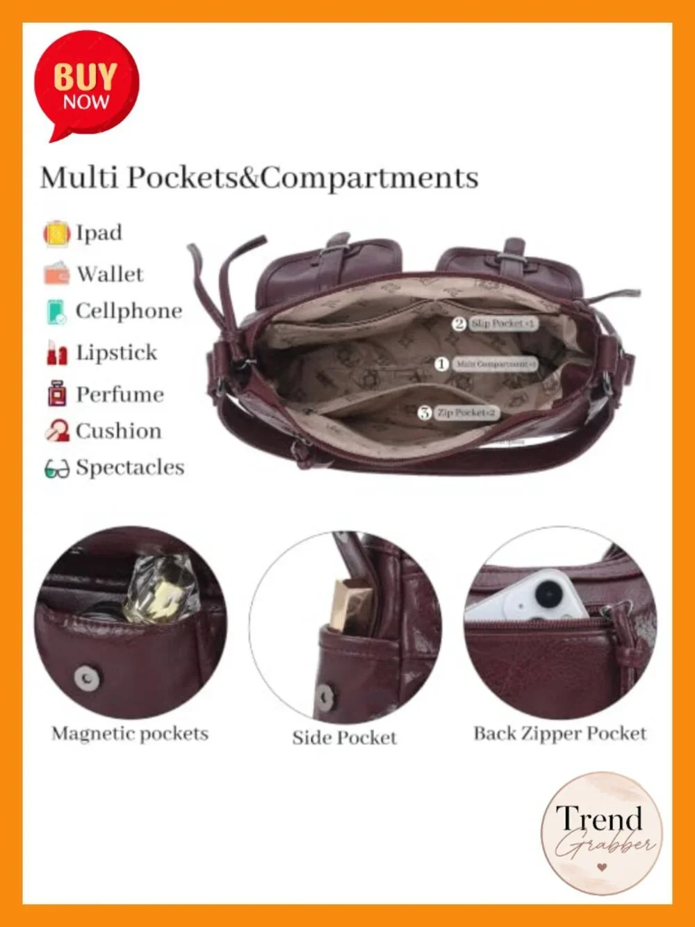 Women's Hobo Bag Crossbody Shoulder Purse Multi Pocket Vegan Leather Handbag